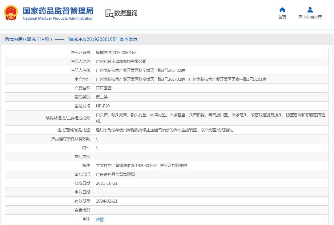 和普樂呼吸機F-10口鼻面罩